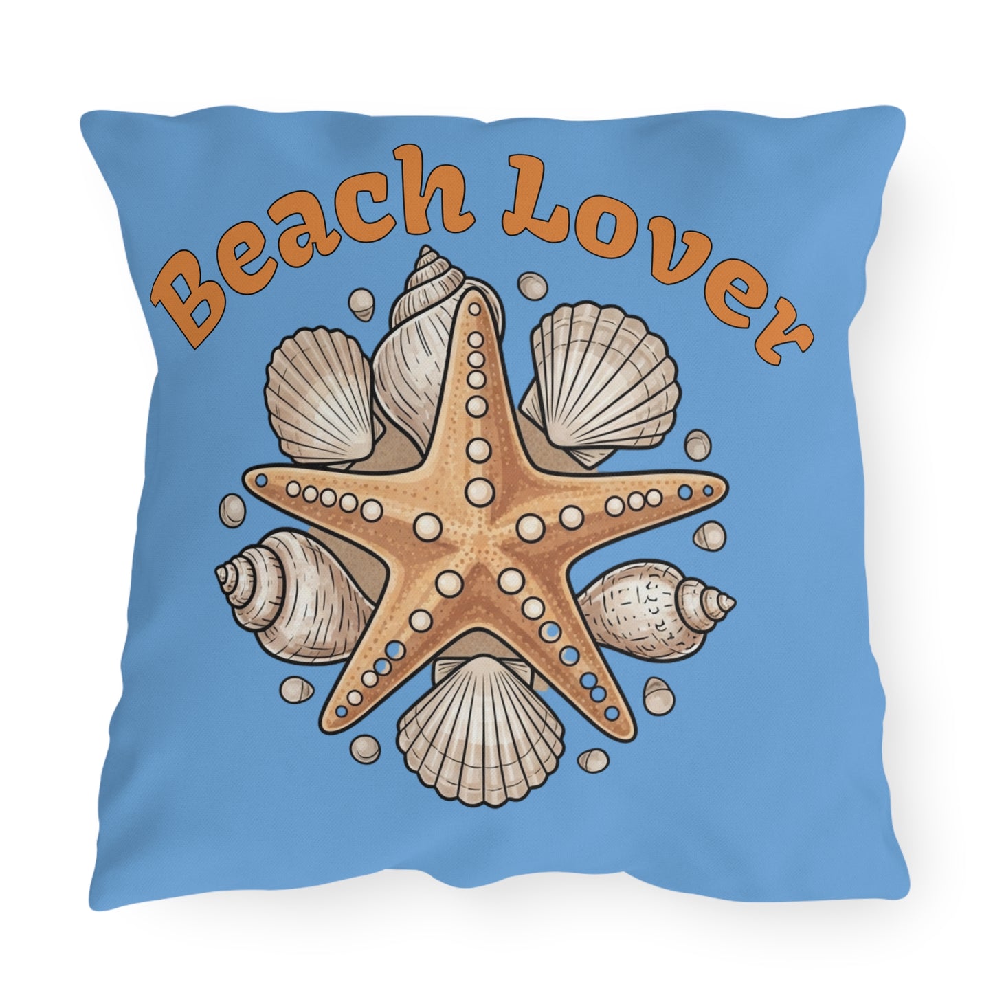 Decorative pillow with starfish and shells design on a blue background