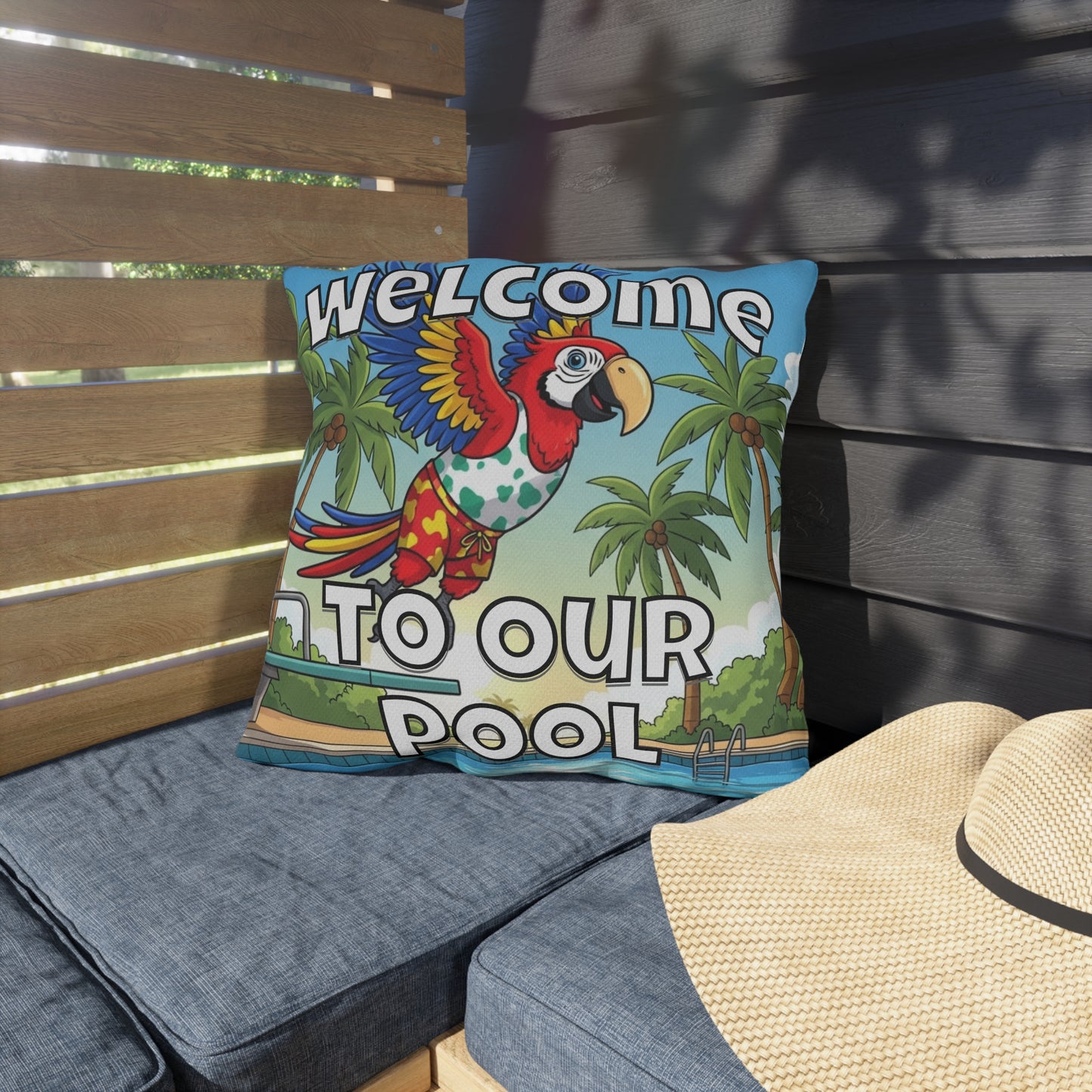 Welcome To Our Pool Outdoor Pillow — Tropical Parrot Poolside Decorative Cushion