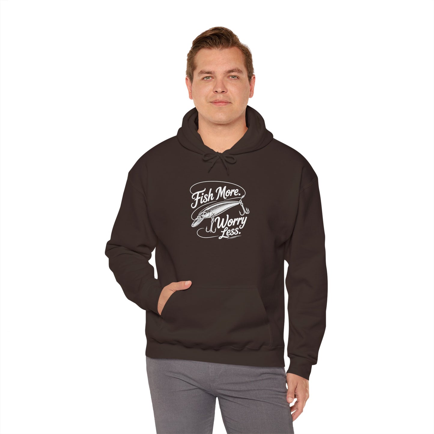 Fishing Hoodie - "Fish More Worry Less" Graphic Pullover