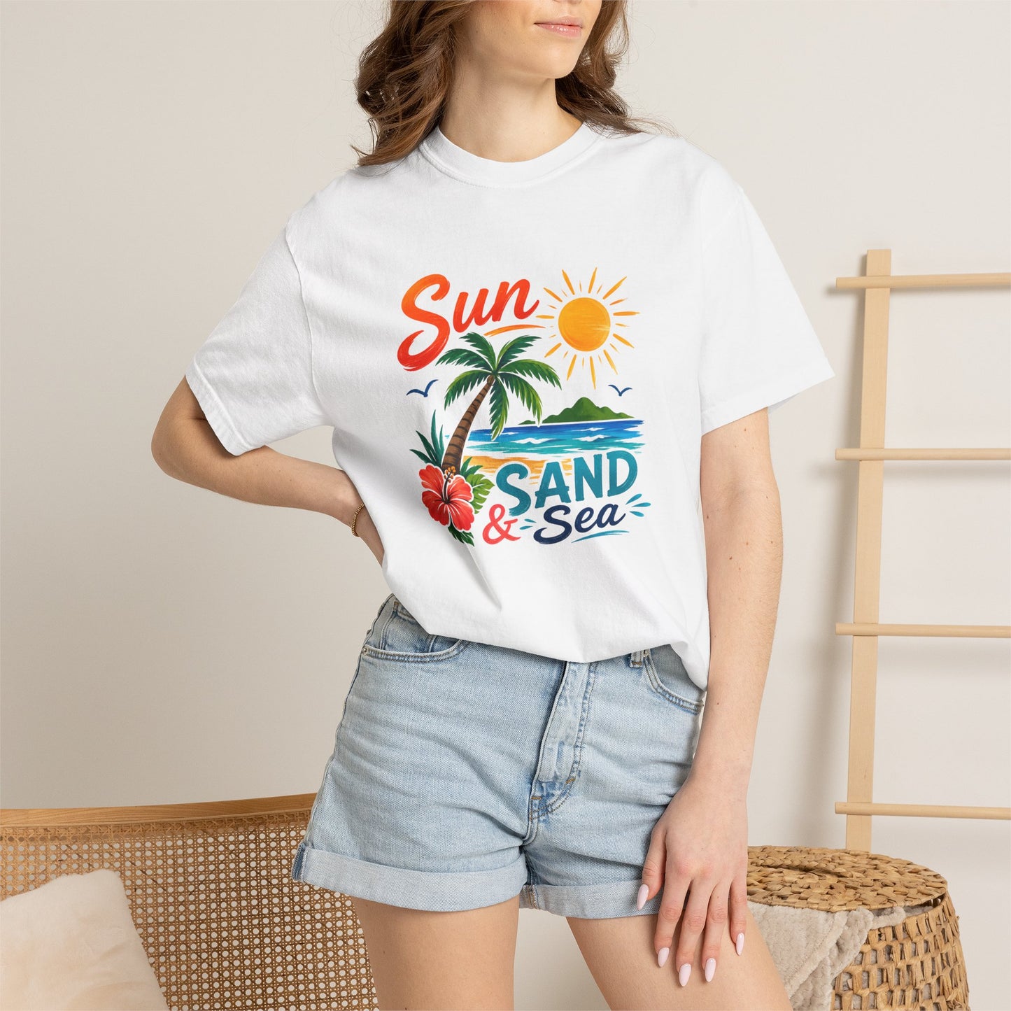 Sun, Sand & Sea T-Shirt – Tropical Beach Palm Tree Graphic Tee