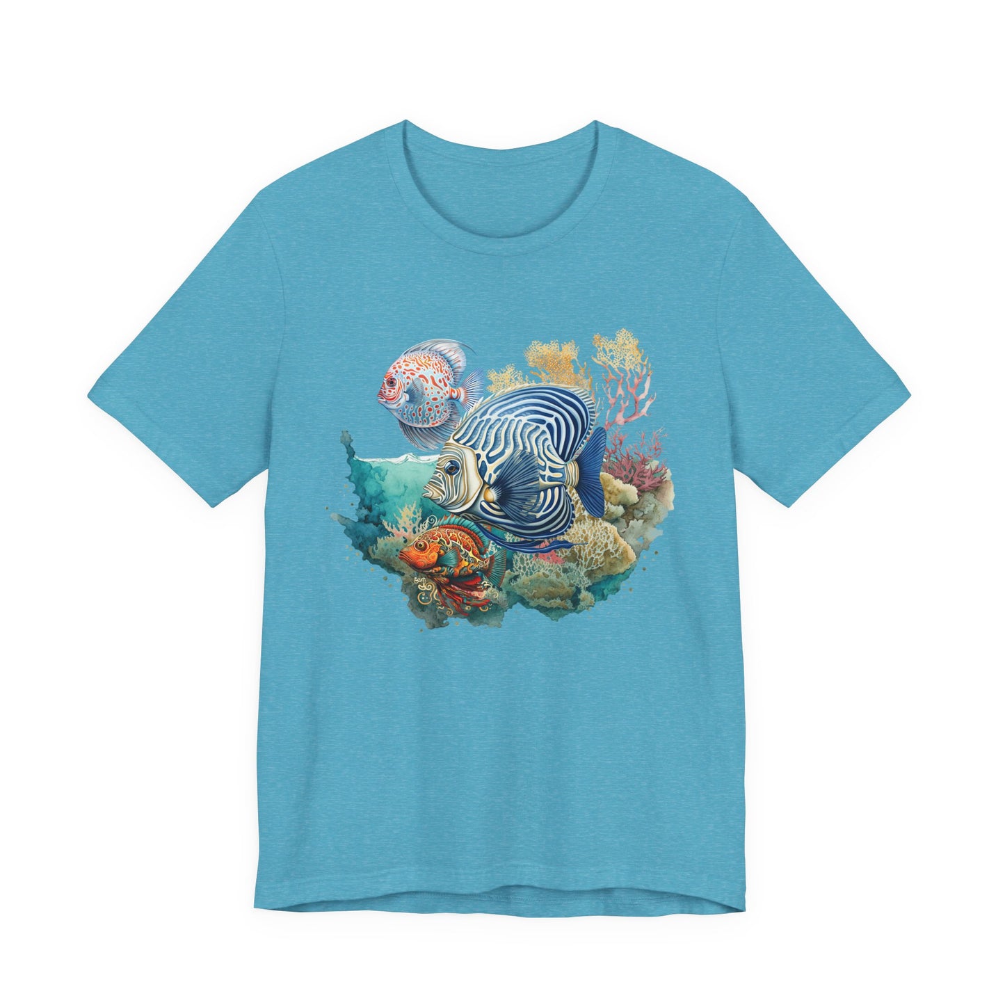 Blue t-shirt with a colorful fish and coral design on a white background at Caribbean Rays at Caribbean Rays