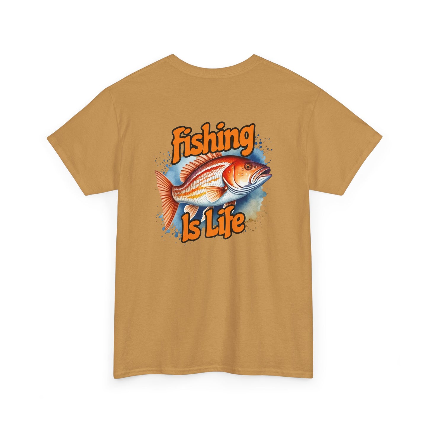 Beige t-shirt with 'Fishing is Life' graphic on a white background