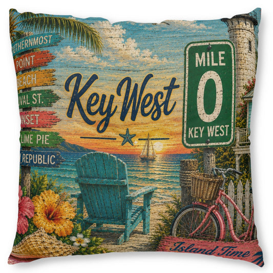 A square decorative throw pillow featuring a vintage-style Key West beach scene print with a blue chair, pink bicycle, palm leaves, flowers, and green road-sign elements on a white background.