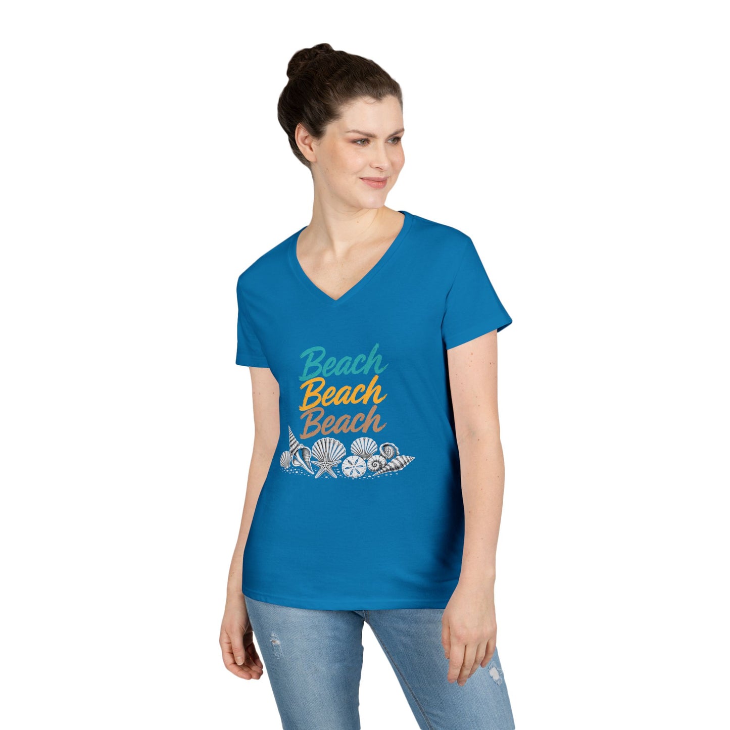 Beach Beach Beach Script V-Neck Tee — Women’s Casual Coastal T-Shirt