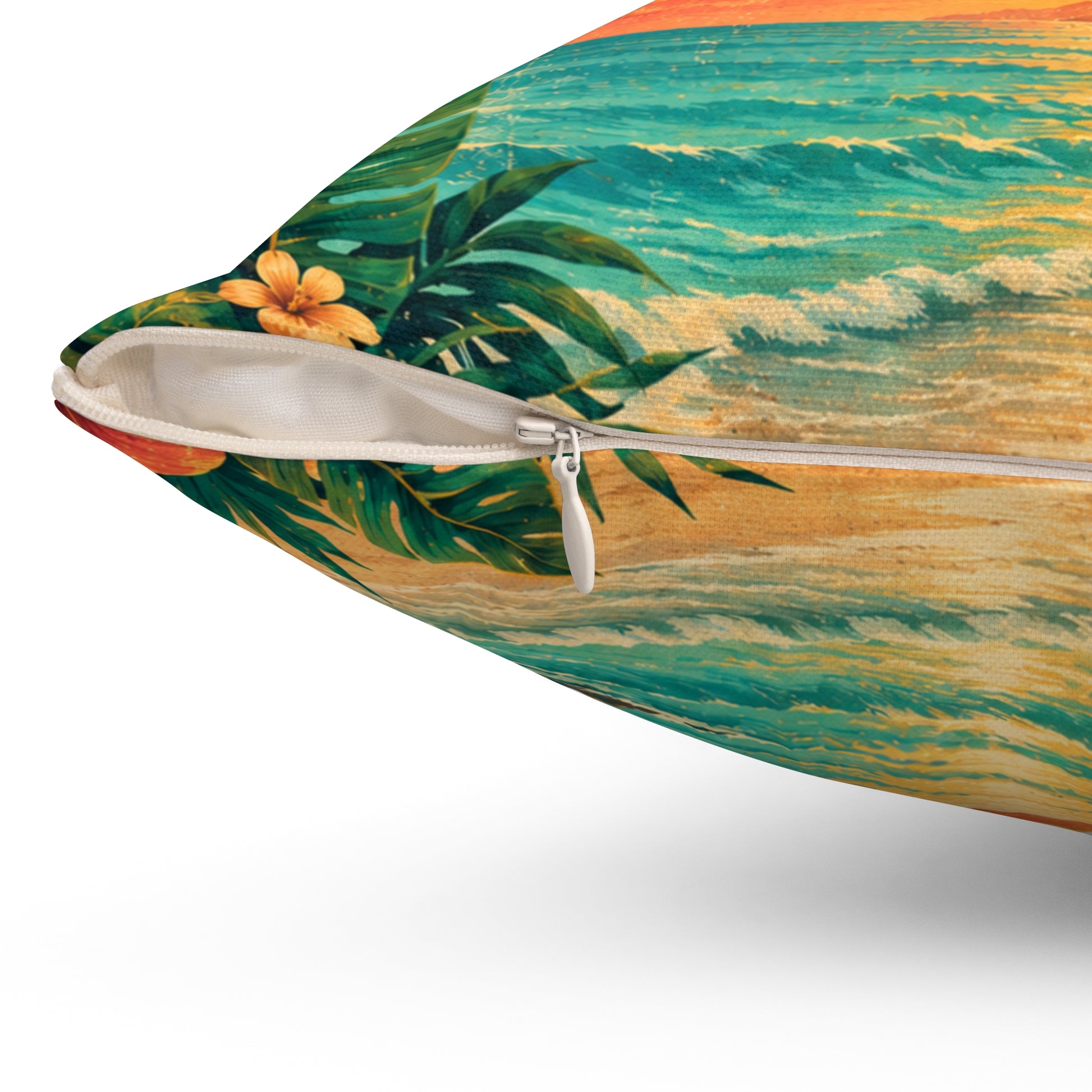 Square pillow corner with exposed zipper on tropical beach fabric