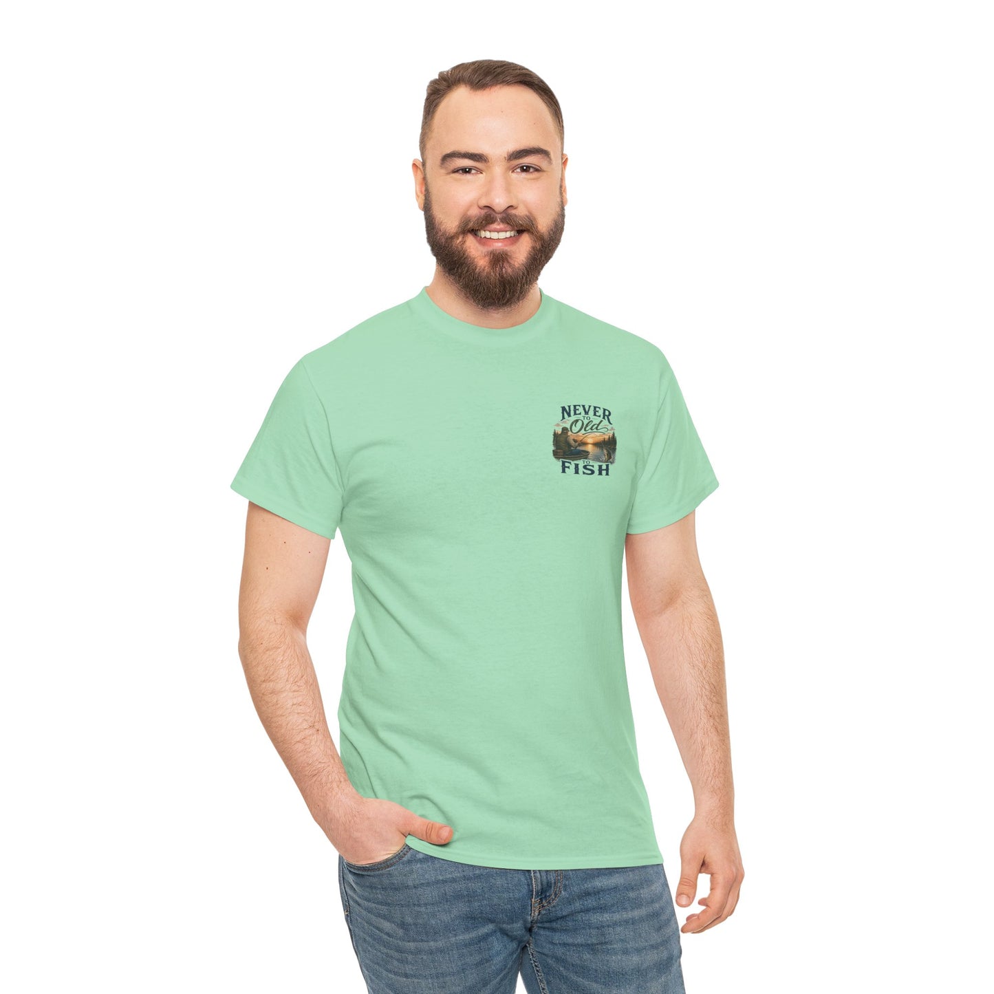 T-Shirt — "Never Too Old to Fish" Fishing Tee (Sunset Lake Design)