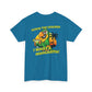 Blue t-shirt with a parrot graphic and text on the back