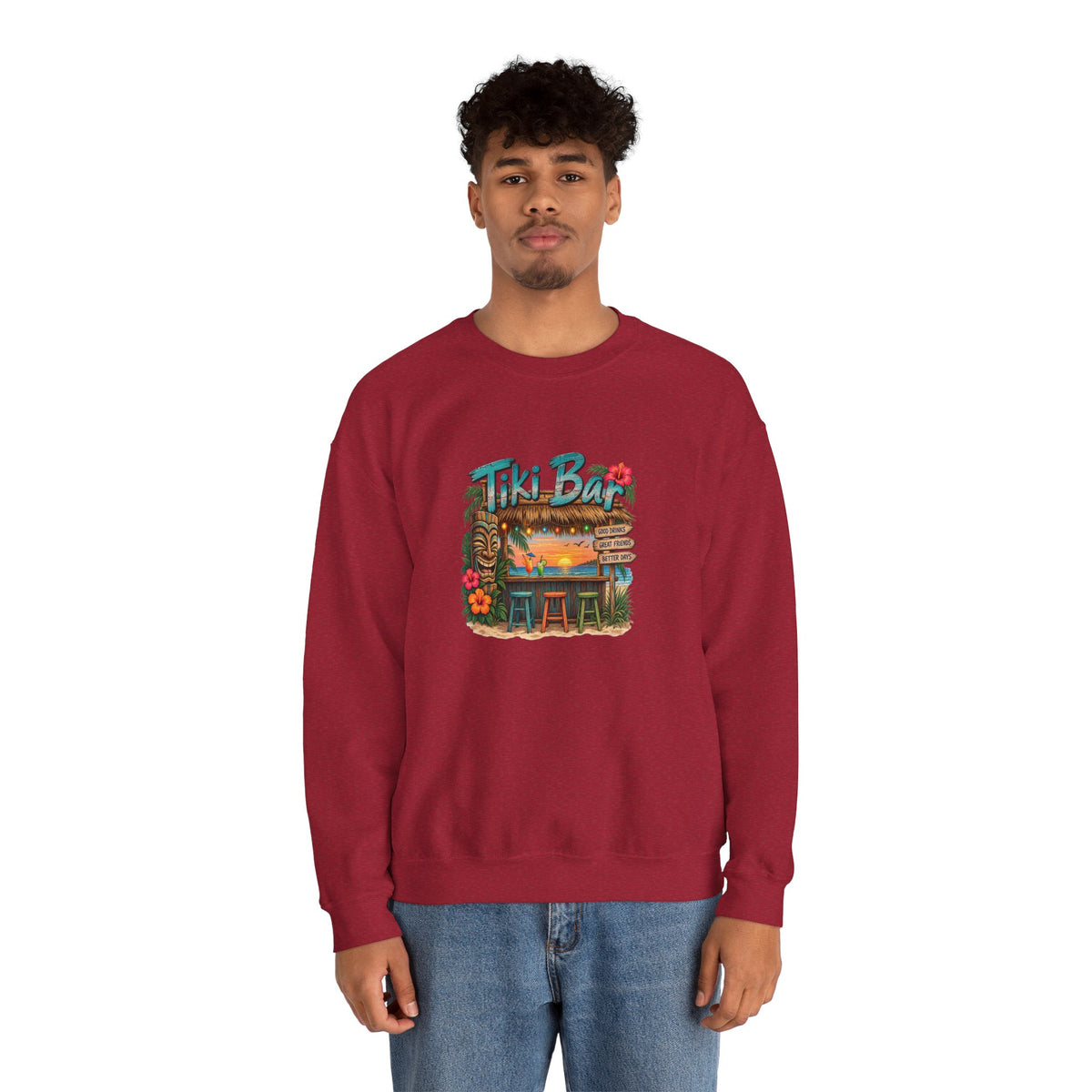 Tiki Bar Crewneck Sweatshirt — Retro Tropical Sunset Design
