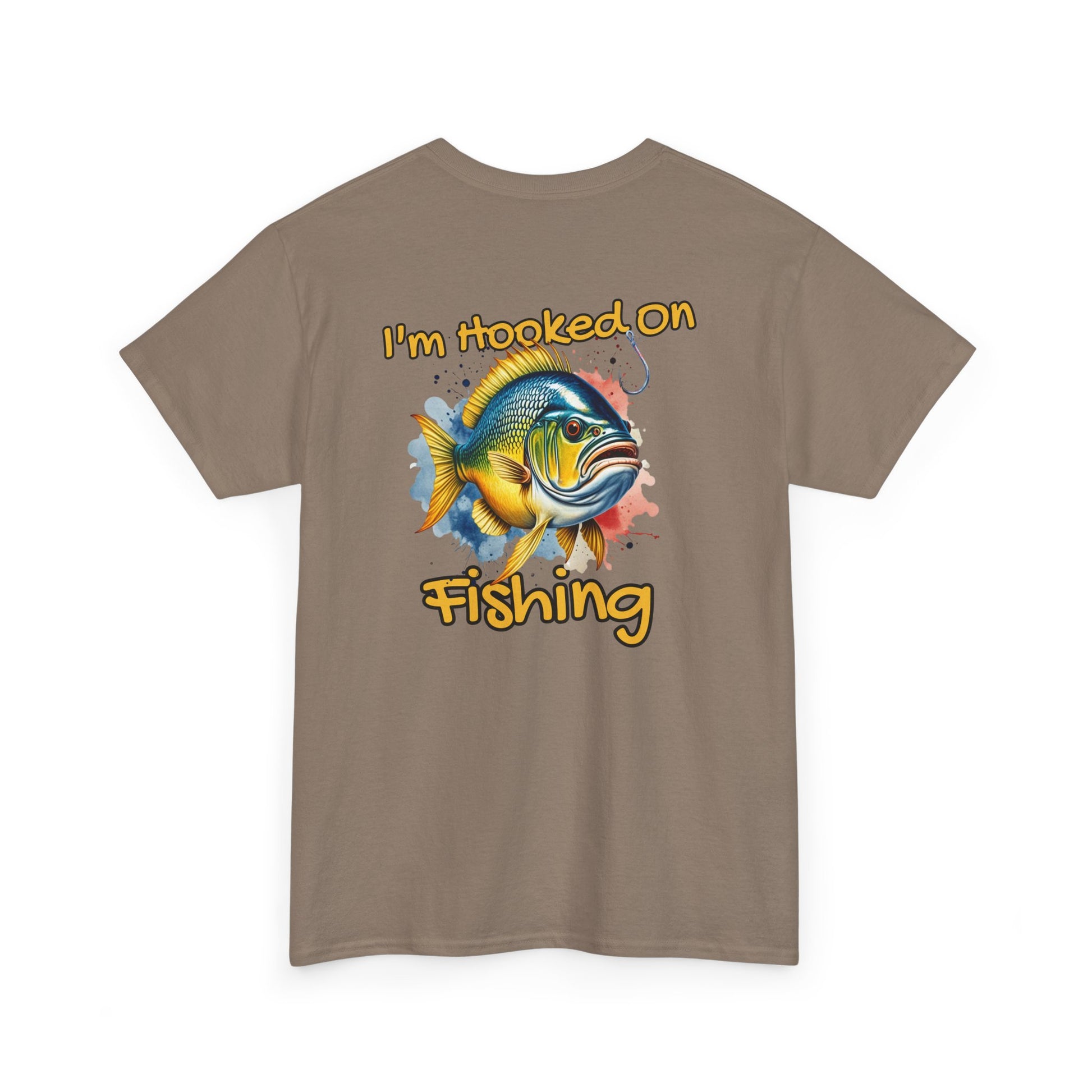 Brown t-shirt with a fish graphic and text 'I'm hooked on fishing' on a white background