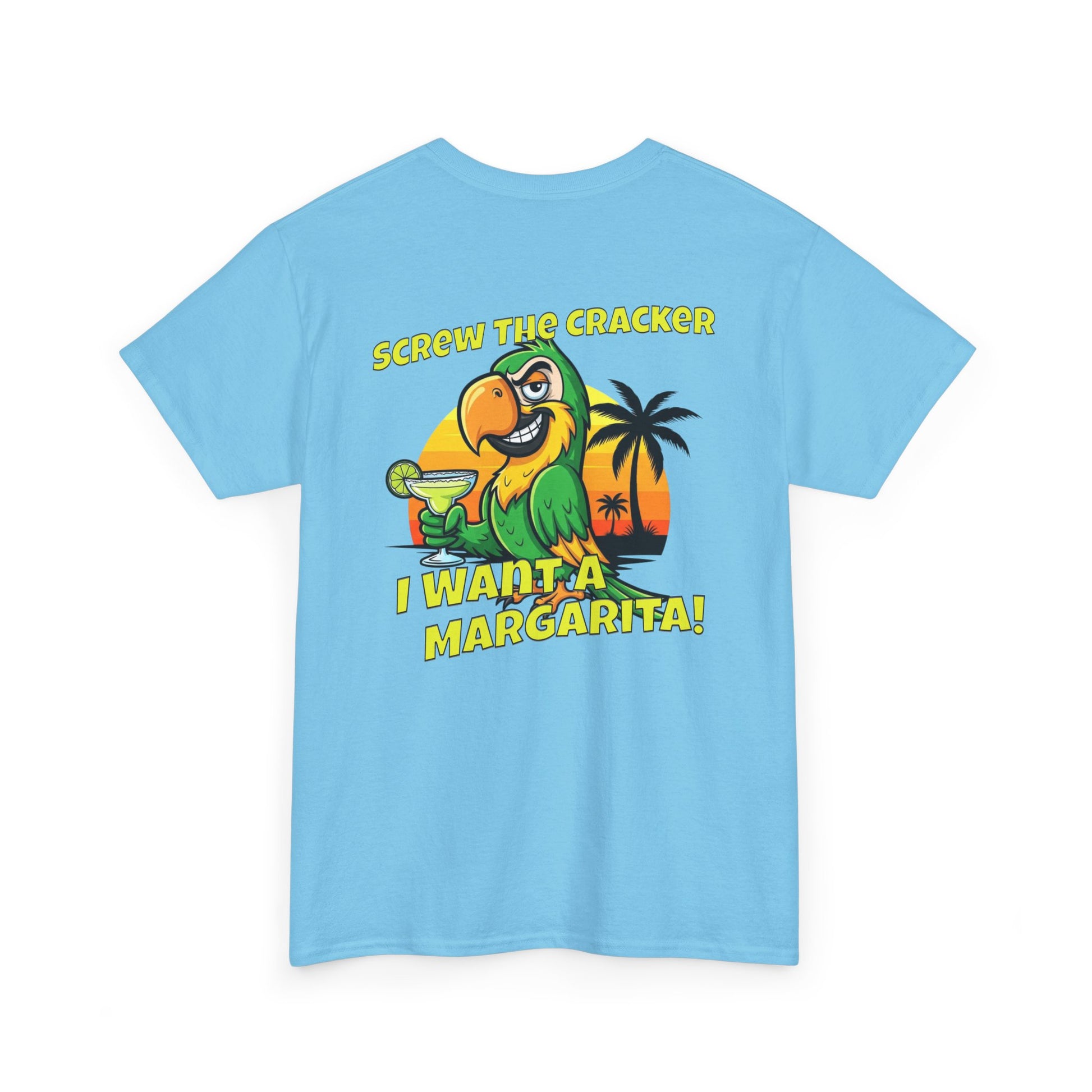 Light blue t-shirt with a colorful parrot graphic and text on the back