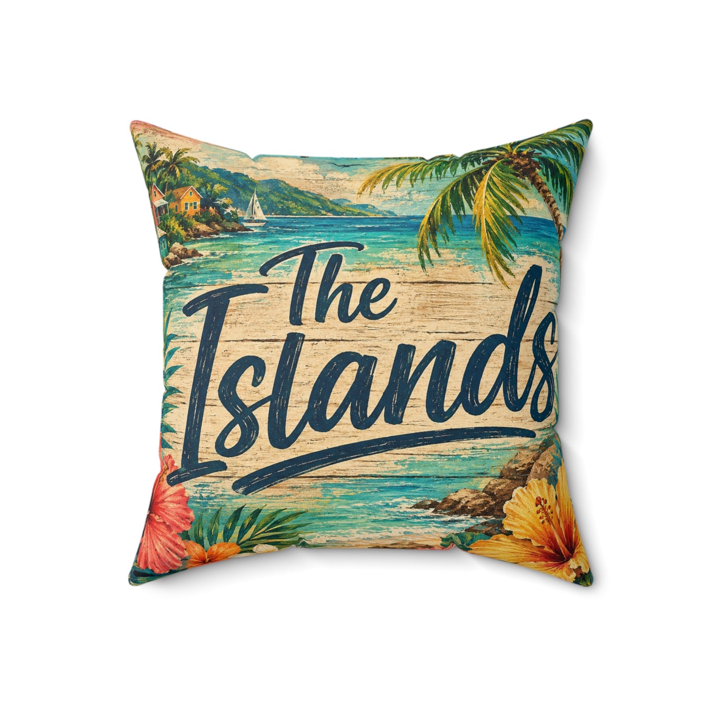 A square decorative throw pillow featuring a vintage-style tropical beach scene with palm trees, hibiscus flowers, and the words 'The Islands' in large script across the front, shown on a plain white background.
