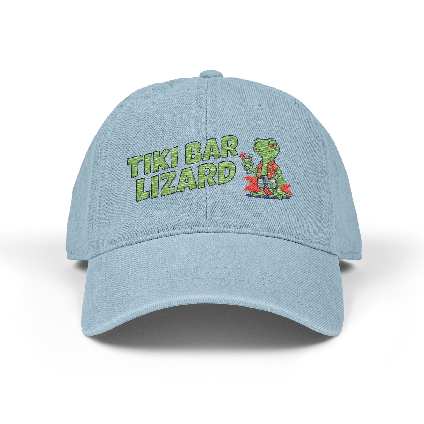 Light blue cap with 'Tiki Bar Lizard' text and graphic on a white background