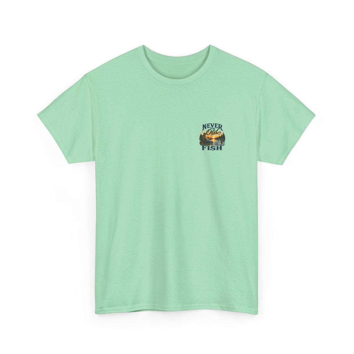 T-Shirt — "Never Too Old to Fish" Fishing Tee (Sunset Lake Design)