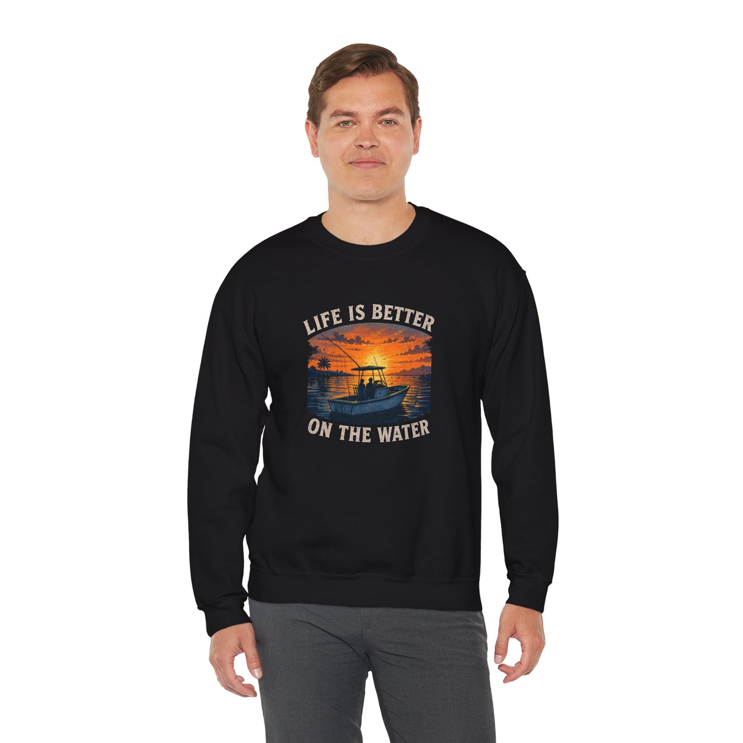 "Life Is Better On The Water" Crewneck Sweatshirt -Boat Sunset Graphic