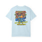 Light blue t-shirt with a colorful tiki bar graphic and text on the back.