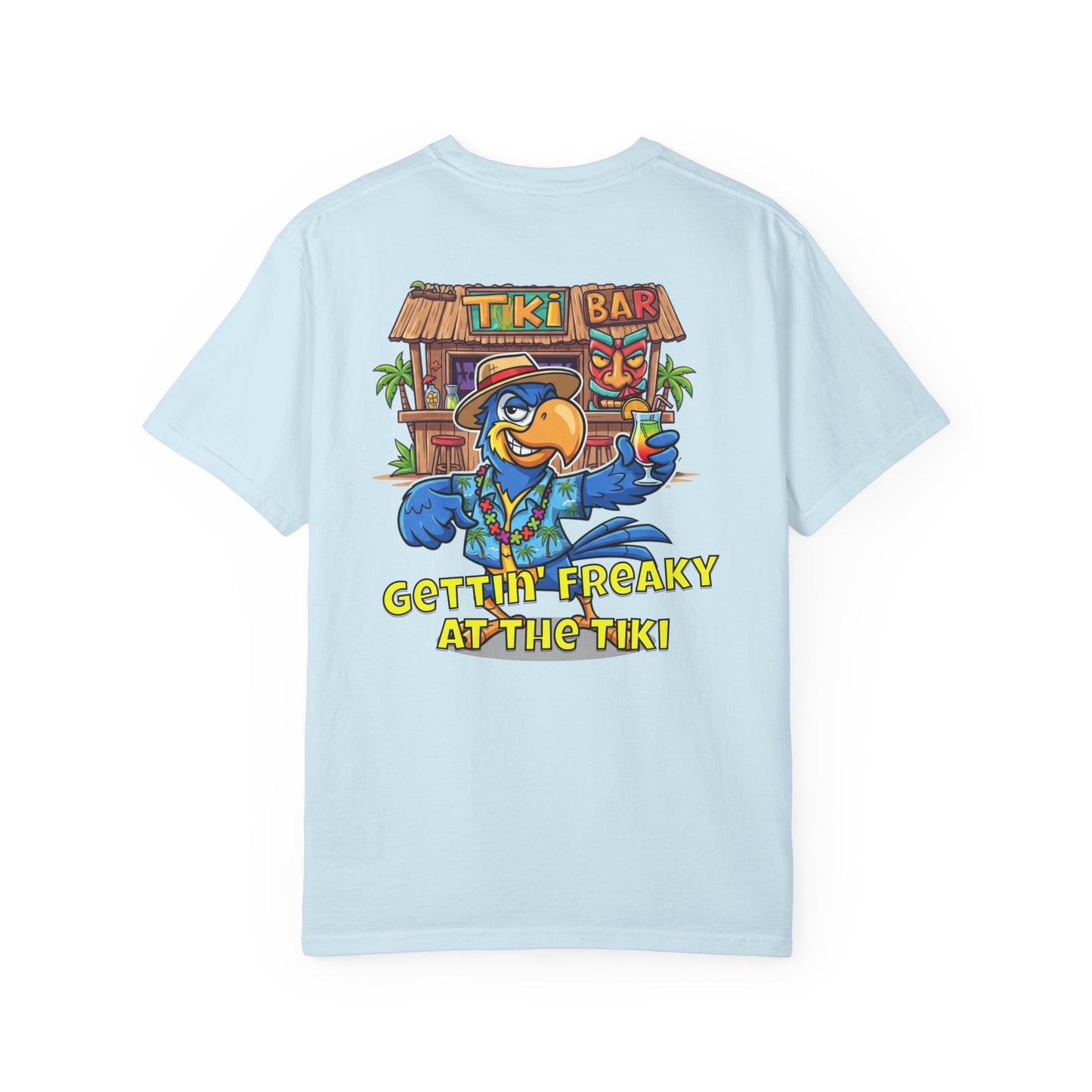 Light blue t-shirt with a colorful tiki bar graphic and text on the back.