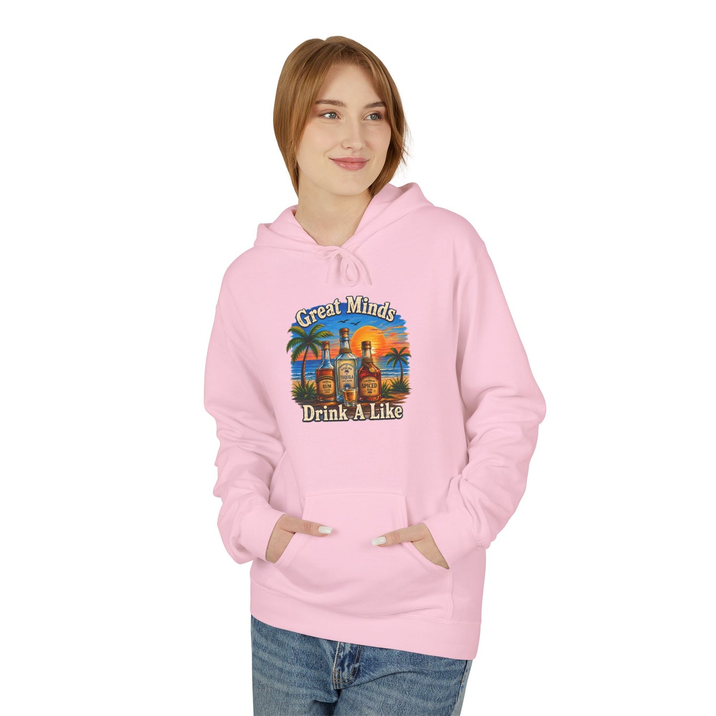 Great Minds Drink Alike Hoodie — Tropical Sunset Palm Beach Graphic Sweatshirt