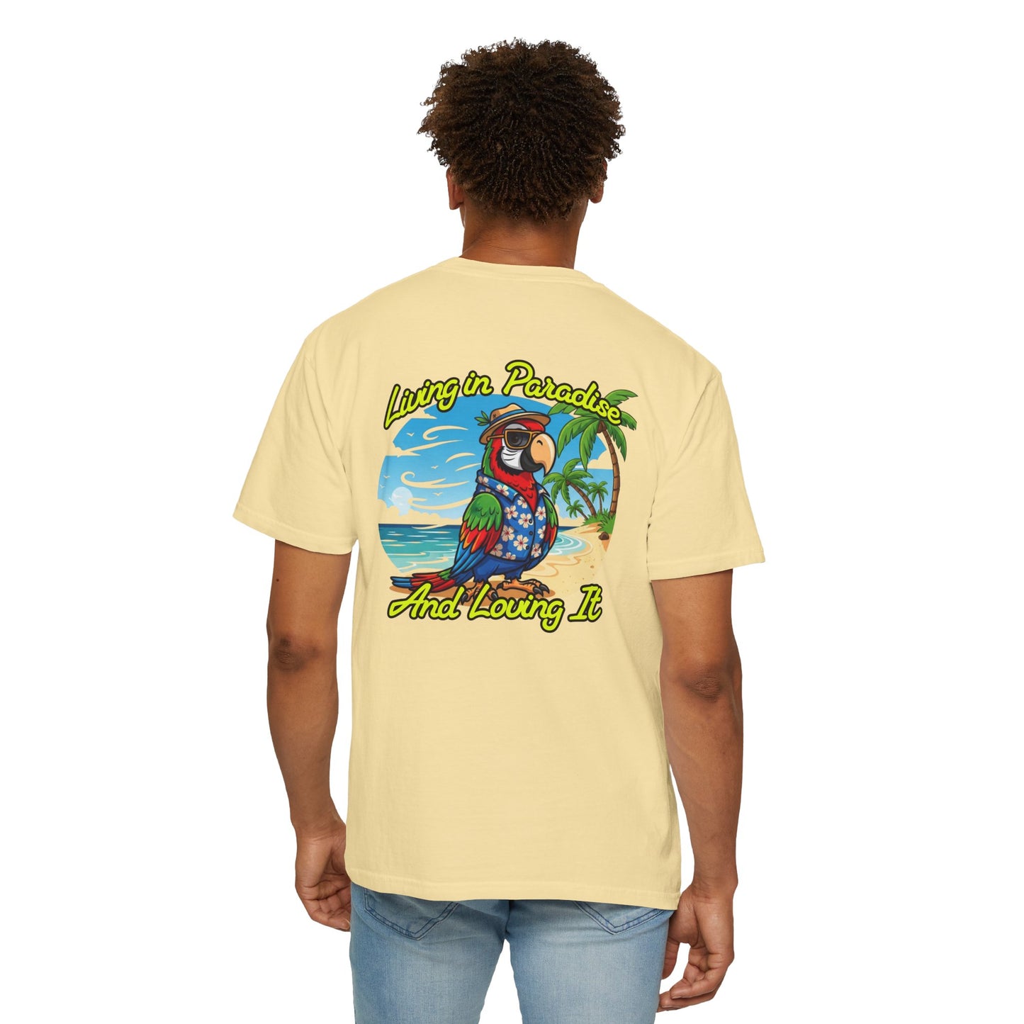 T-Shirt — "Living in Paradise and Loving It" Tropical Parrot Beach Tee