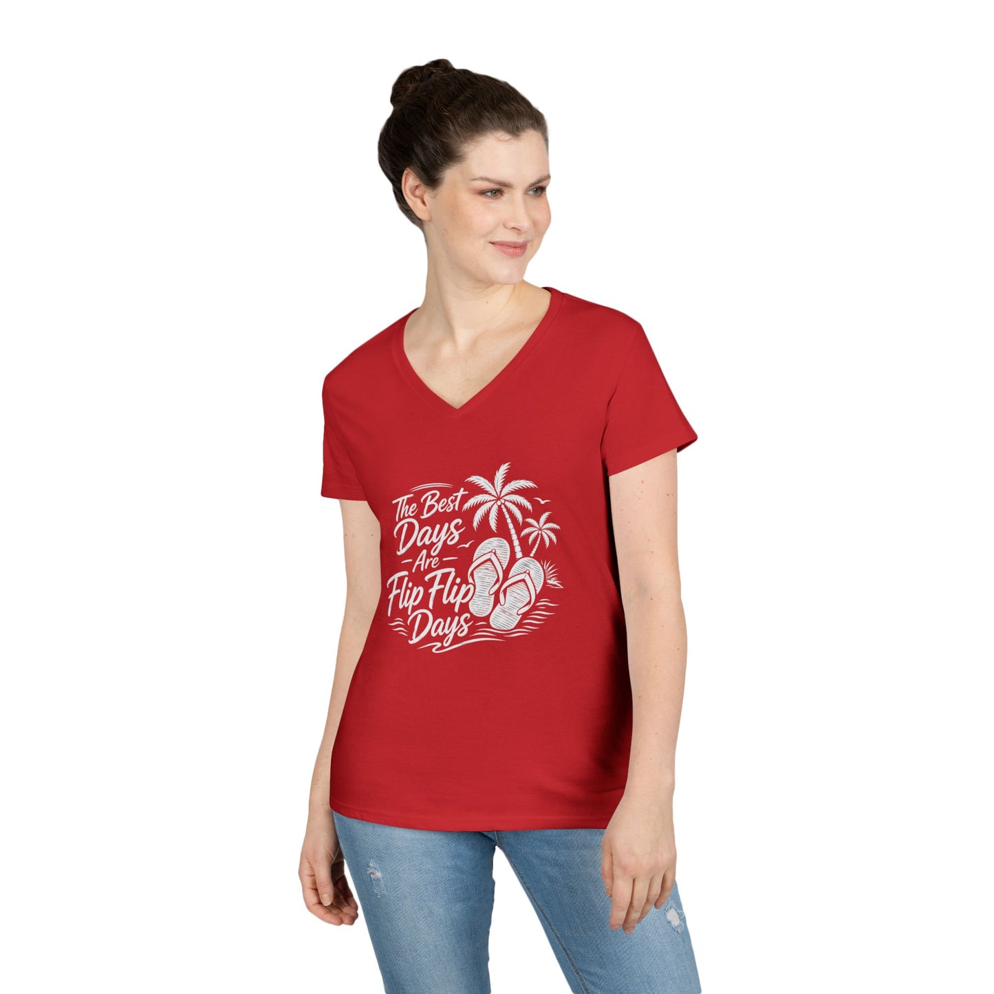 Red V-neck graphic T-shirt with flip-flop design and beach-style text.