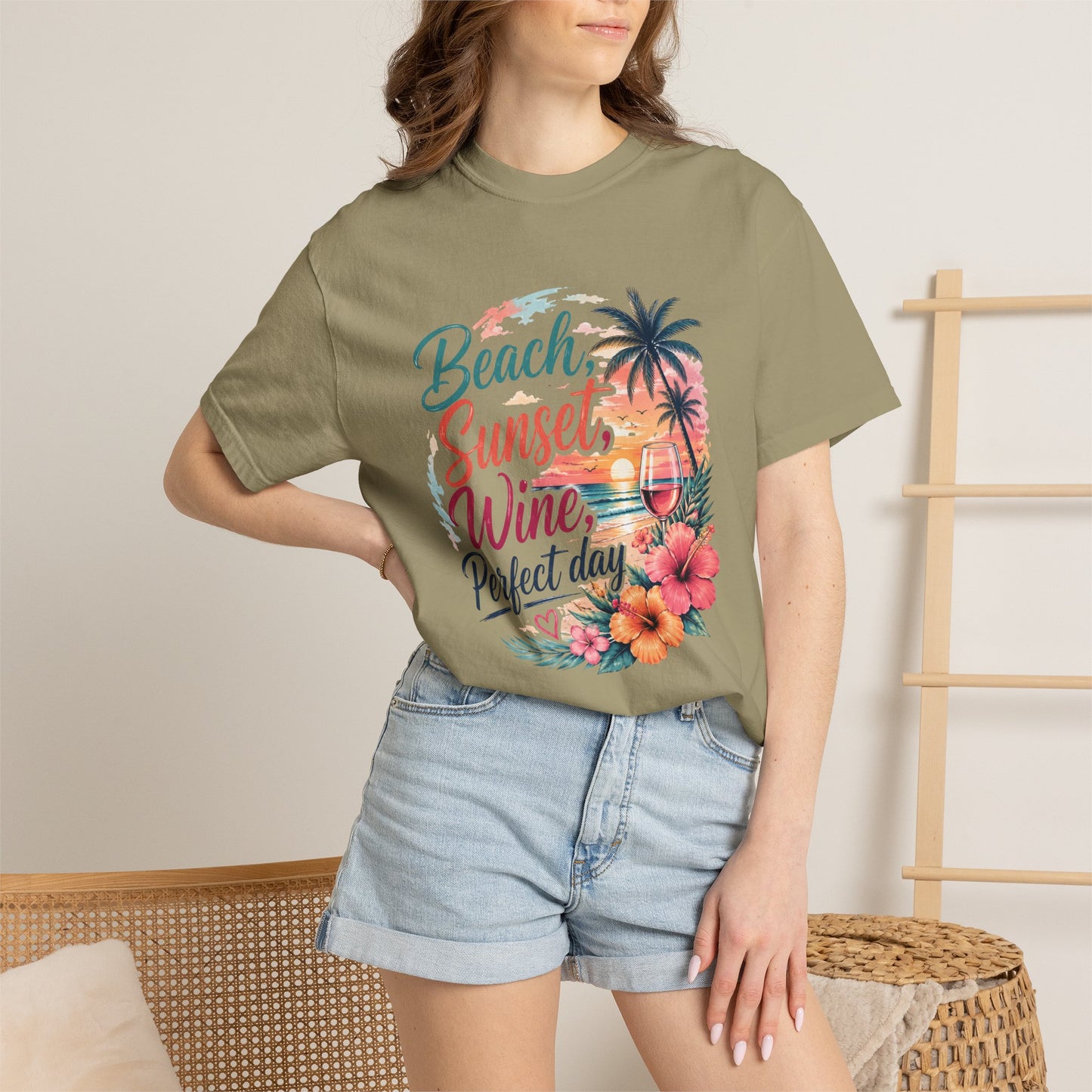 Beach Sunset Wine T-Shirt — "Beach, Sunset, Wine, Perfect Day" Tropical Graphic Tee