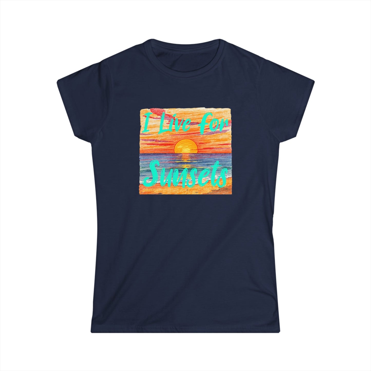 Navy blue t-shirt with sunset graphic and 'I Live for Sunsets' text on a white background