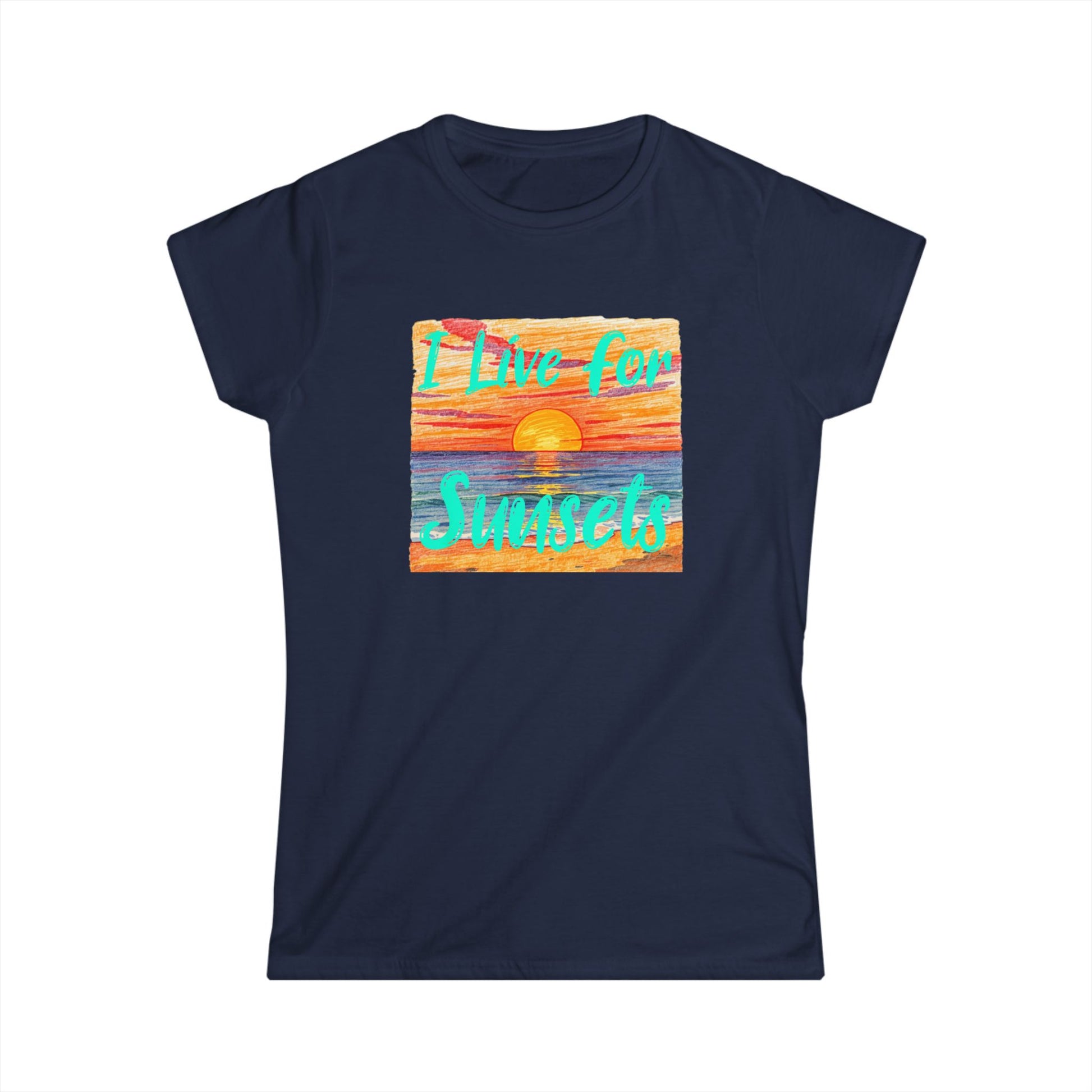 Navy blue t-shirt with sunset graphic and 'I Live for Sunsets' text on a white background