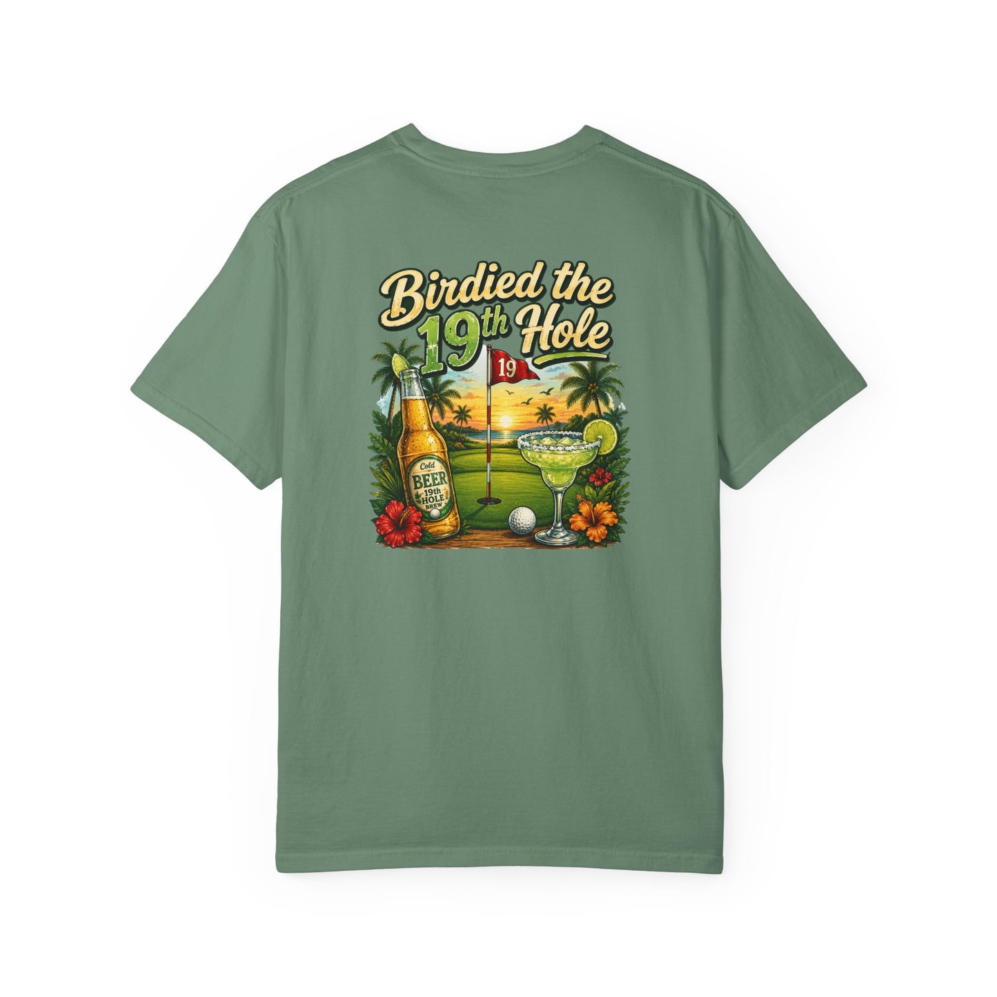 Golf T-Shirt — 'Birdied the 19th Hole' Tropical Golf Beer Design