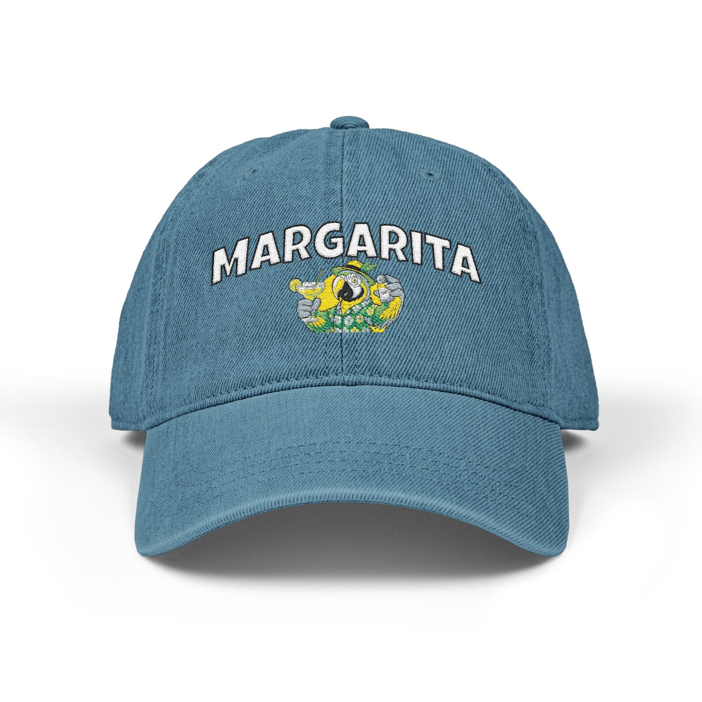 Blue cap with 'Margarita' text and logo on a white background