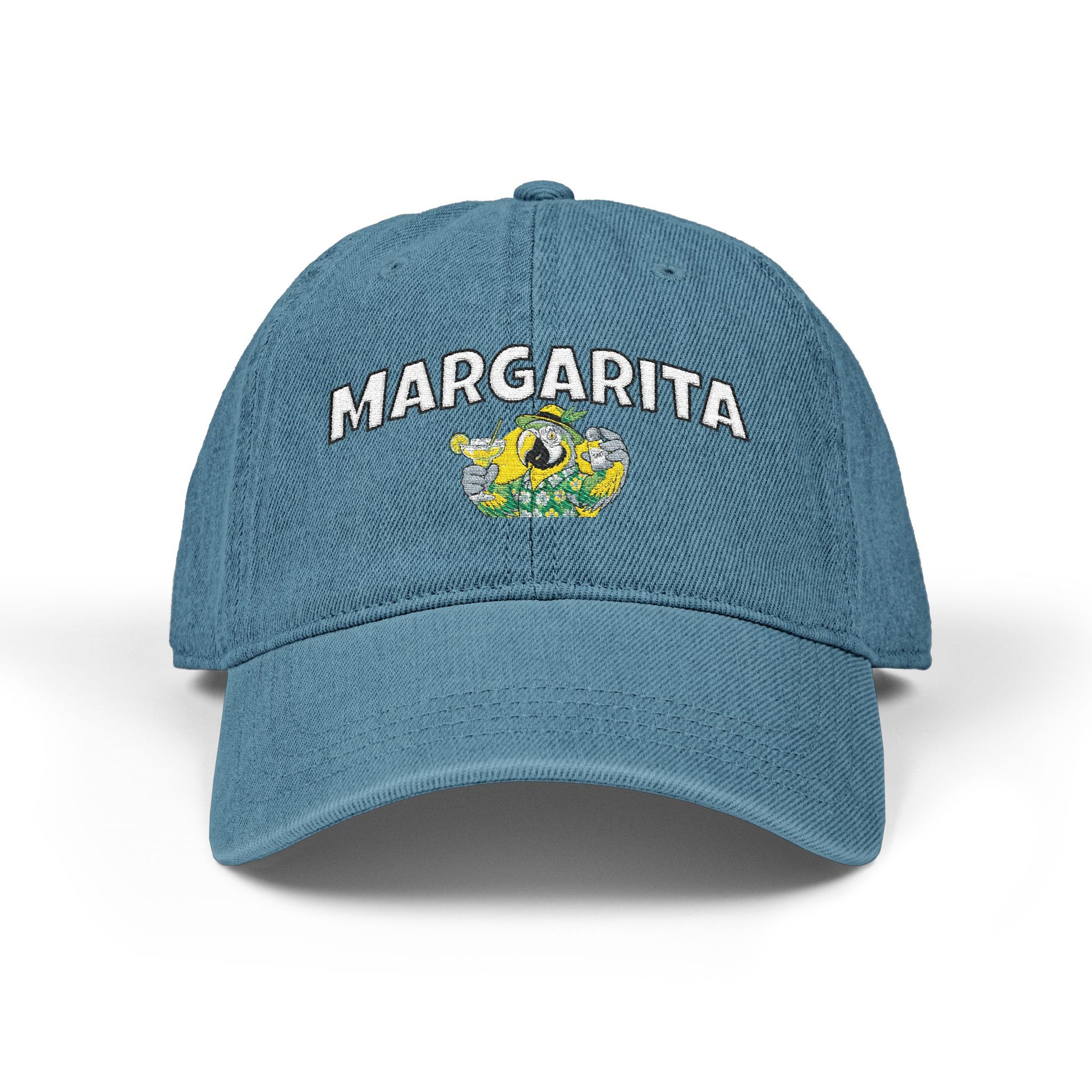 Blue cap with 'Margarita' text and logo on a white background