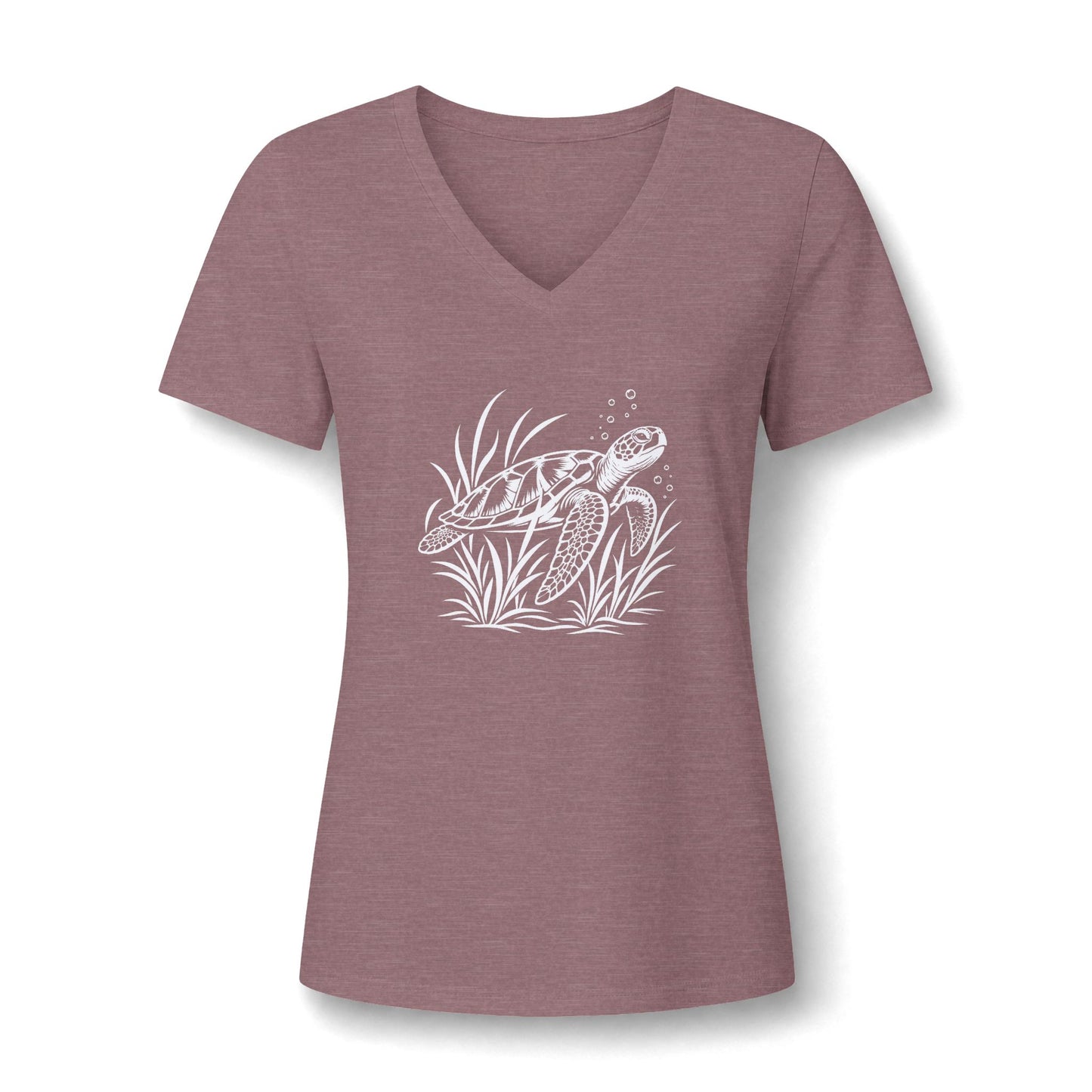 Sea Turtle V-Neck Tee — Women's Relaxed Heather Tee with White Sea Turtle Graphic