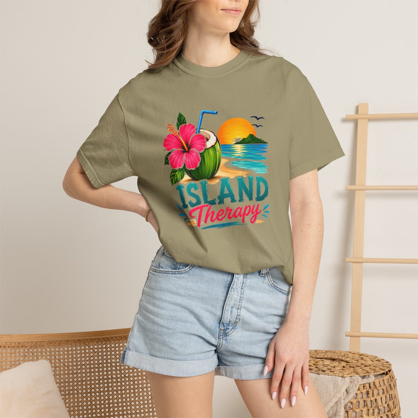 Island Therapy T‑Shirt — Tropical Sunset Coconut Drink Beach Tee
