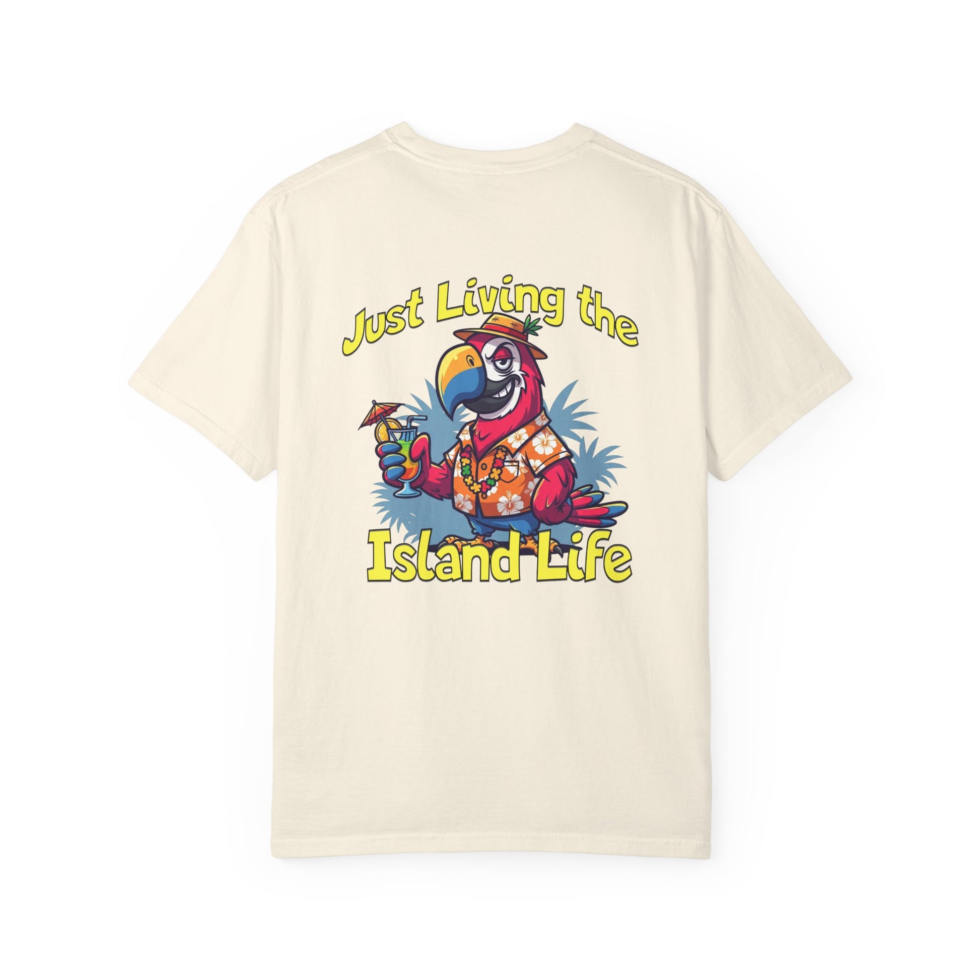 Beige t-shirt with a colorful parrot graphic and 'Just Living the Island Life' text on a white background