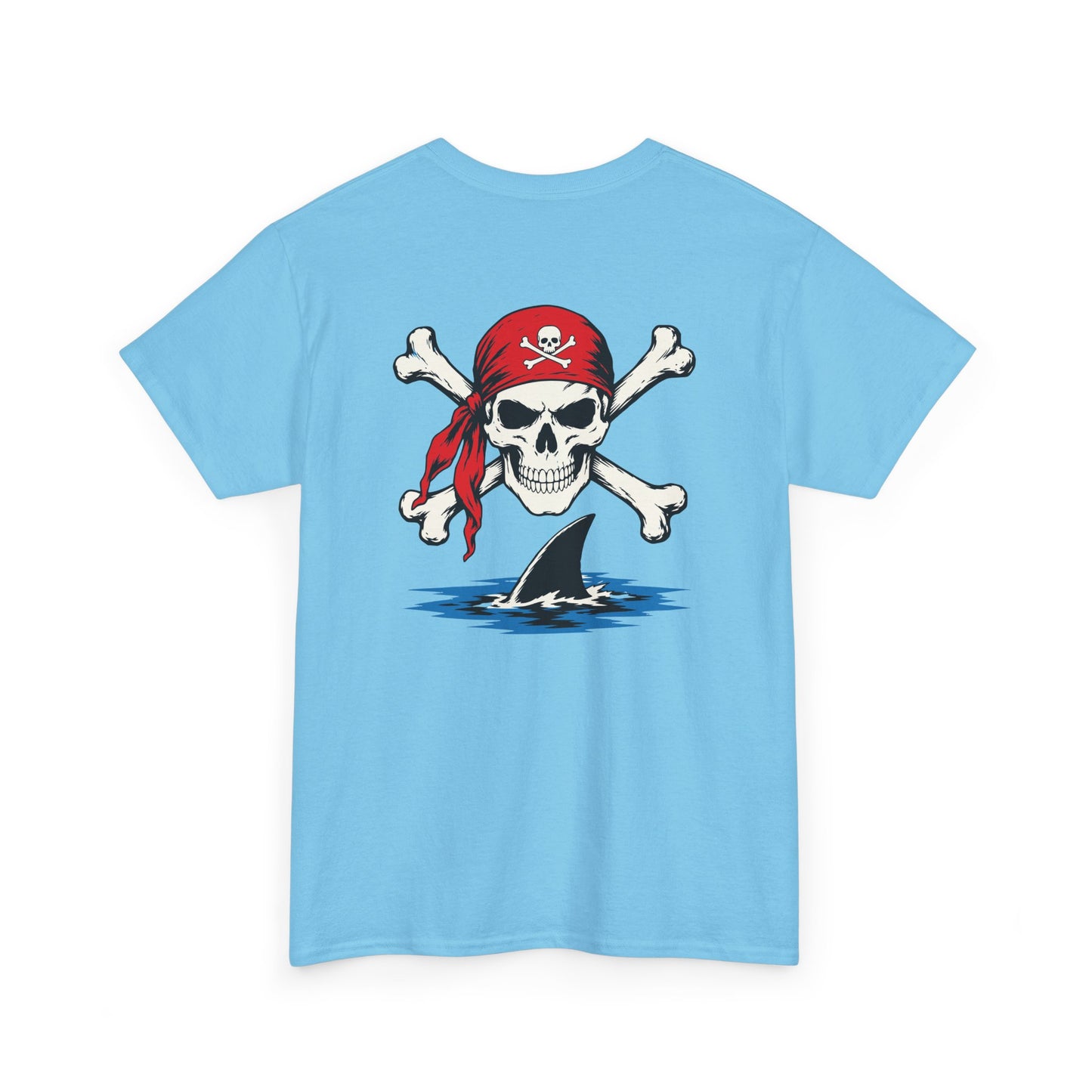 Light blue t-shirt with a pirate-themed graphic on a white background