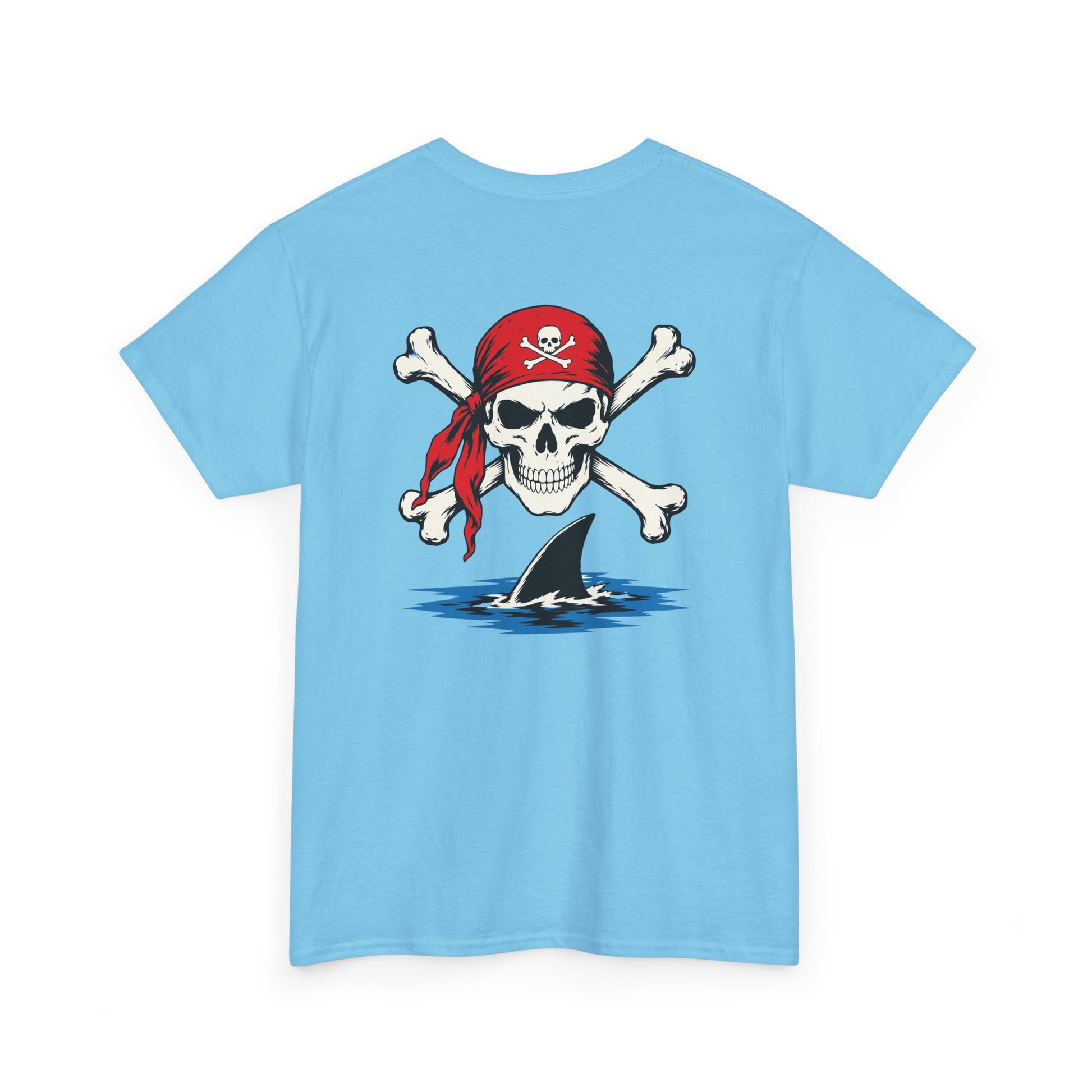 Light blue t-shirt with a pirate-themed graphic on a white background