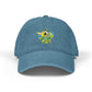 Blue cap with a colorful parrot design on a white background