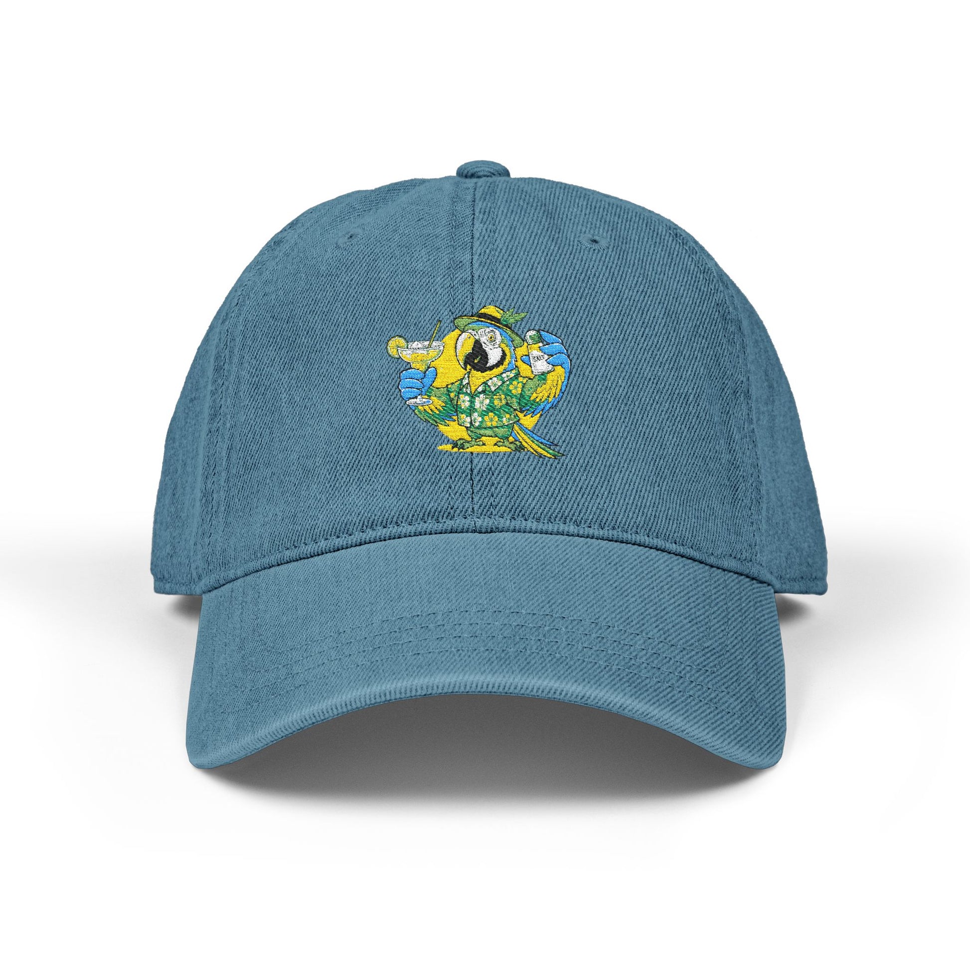 Blue cap with a colorful parrot design on a white background
