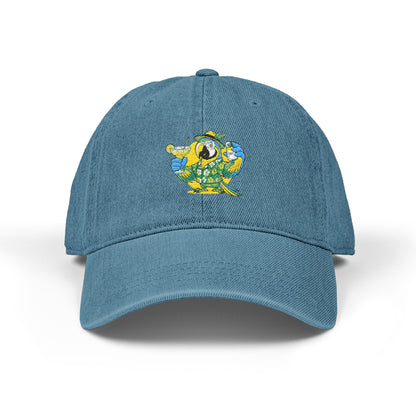 Blue cap with a colorful parrot design on a white background