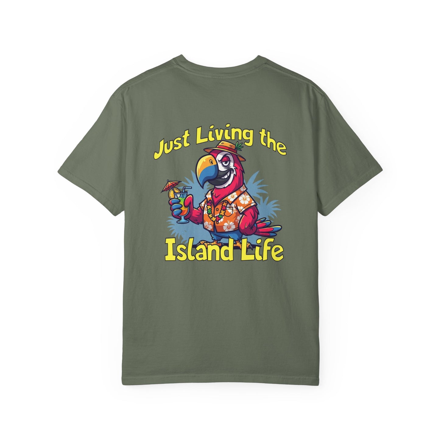 Green t-shirt with a colorful parrot graphic and 'Just Living the Island Life' text on a white background