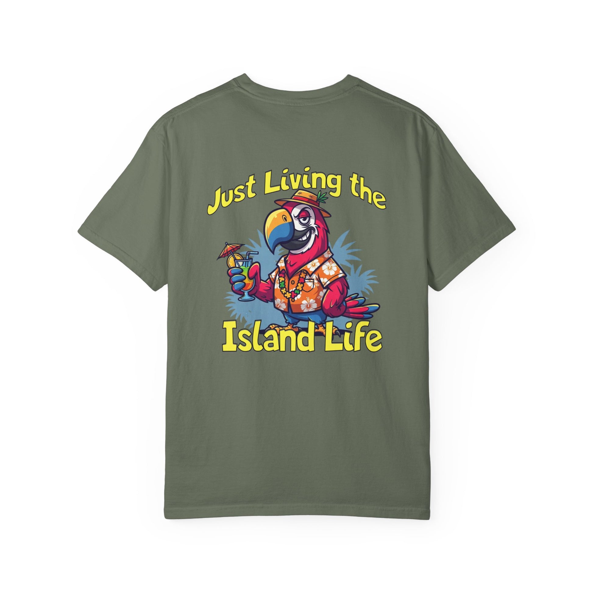 Green t-shirt with a colorful parrot graphic and 'Just Living the Island Life' text on a white background