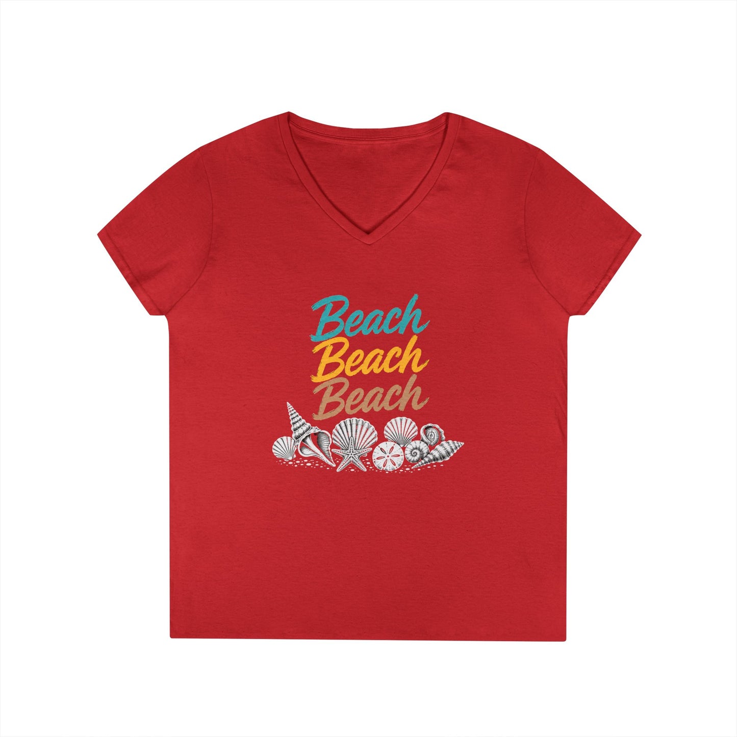 Beach Beach Beach Script V-Neck Tee — Women’s Casual Coastal T-Shirt