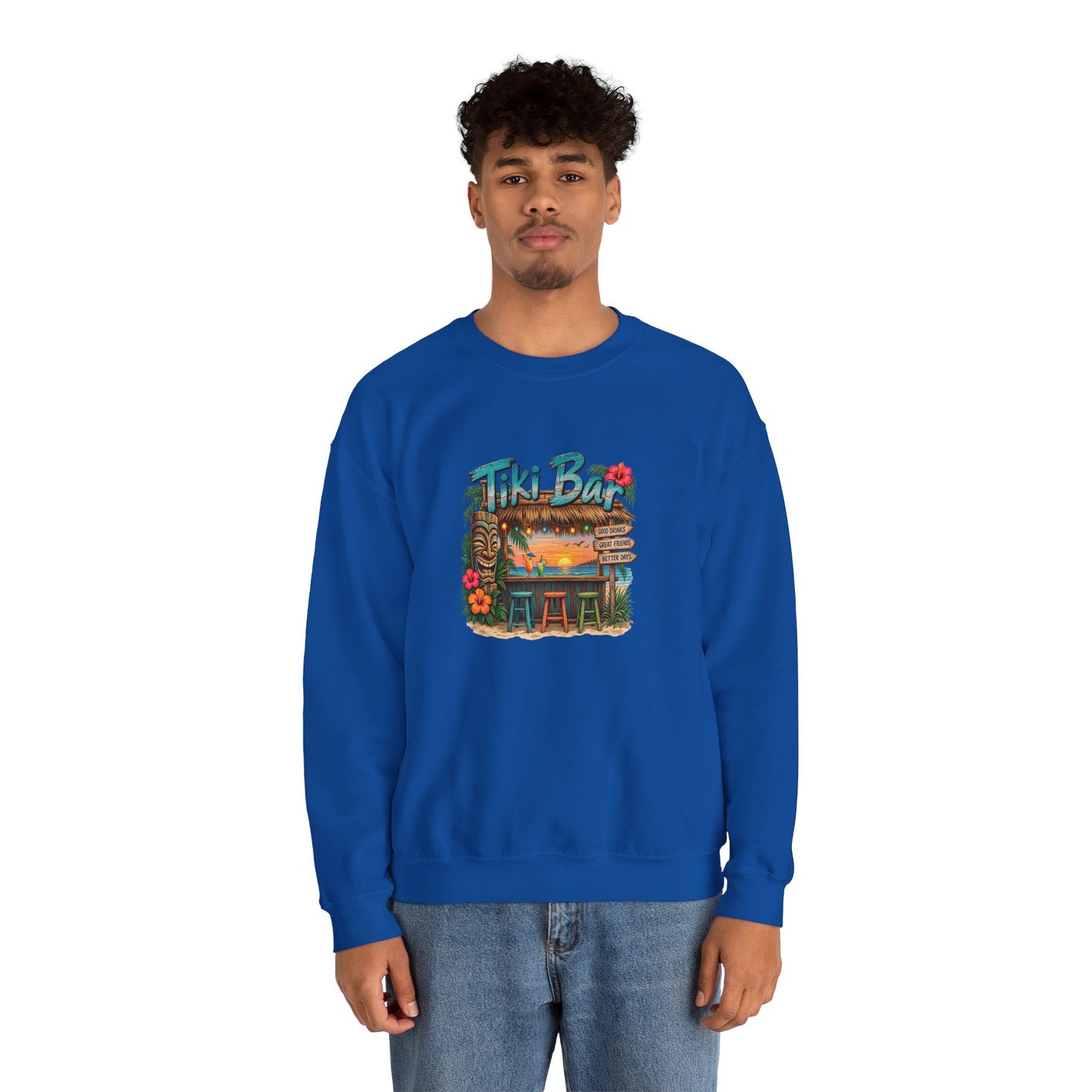 Tiki Bar Crewneck Sweatshirt — Retro Tropical Sunset Design
