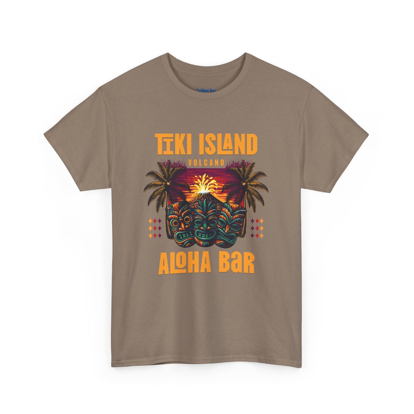 Brown t-shirt with Tiki Island and Aloha Bar graphic design on a white  background  at Caribbean Rays