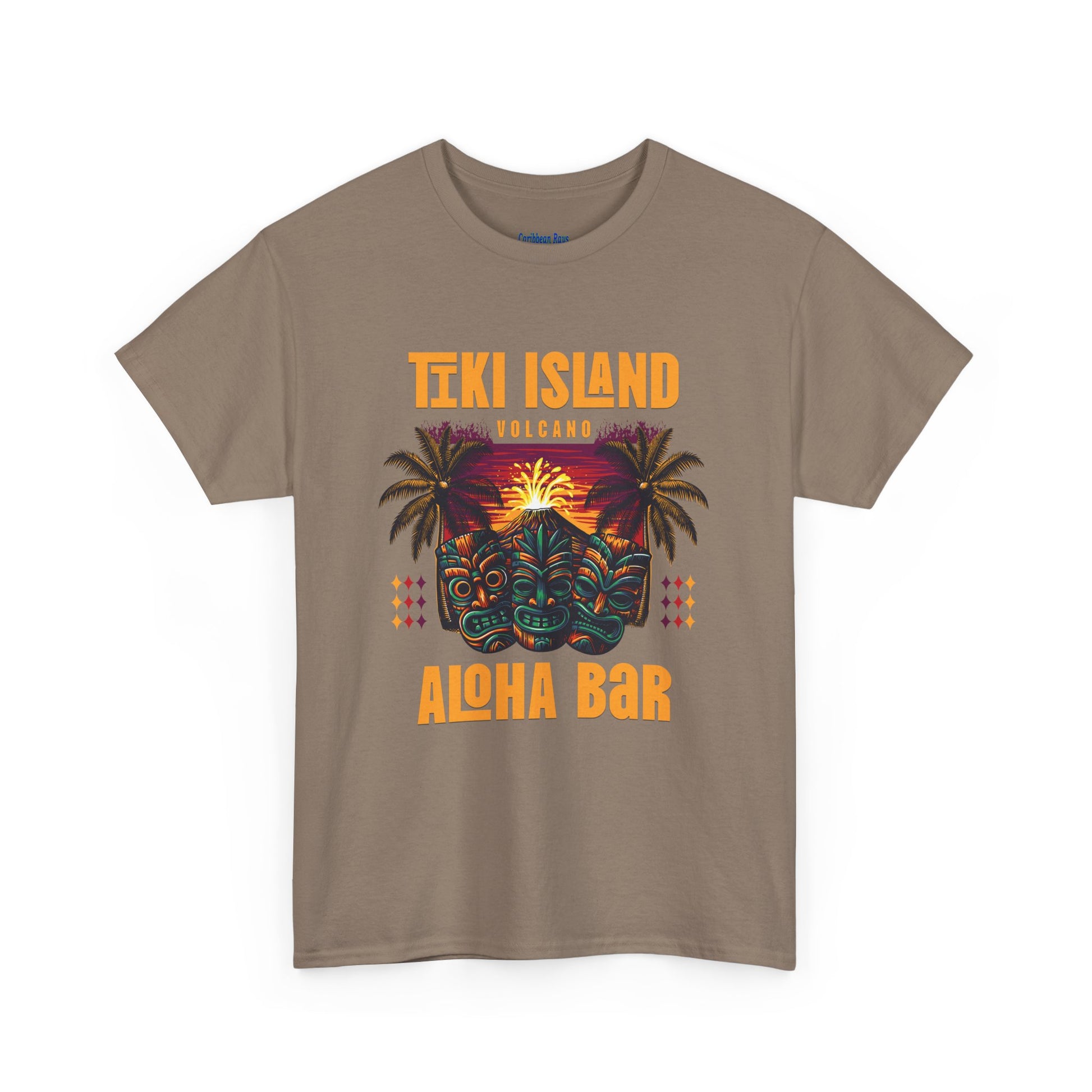Brown t-shirt with Tiki Island and Aloha Bar graphic design on a white  background  at Caribbean Rays