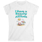 White t-shirt with 'I Have a Beachy Attitude' text and beach graphics on a white background