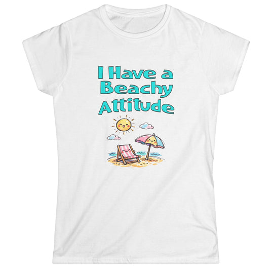White t-shirt with 'I Have a Beachy Attitude' text and beach graphics on a white background