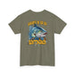 Green t-shirt with barracuda graphic and text on a white background