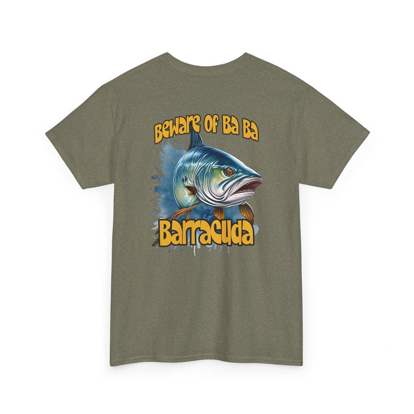 Green t-shirt with barracuda graphic and text on a white background