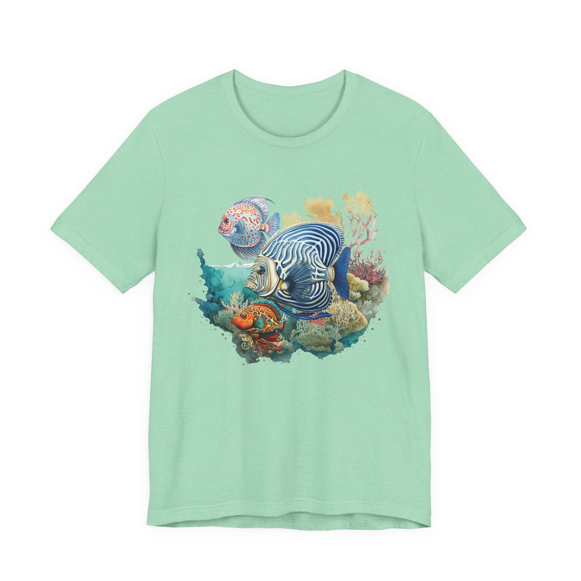Mint green t-shirt with an underwater scene design featuring fish and coral on a white background at Caribbean Rays