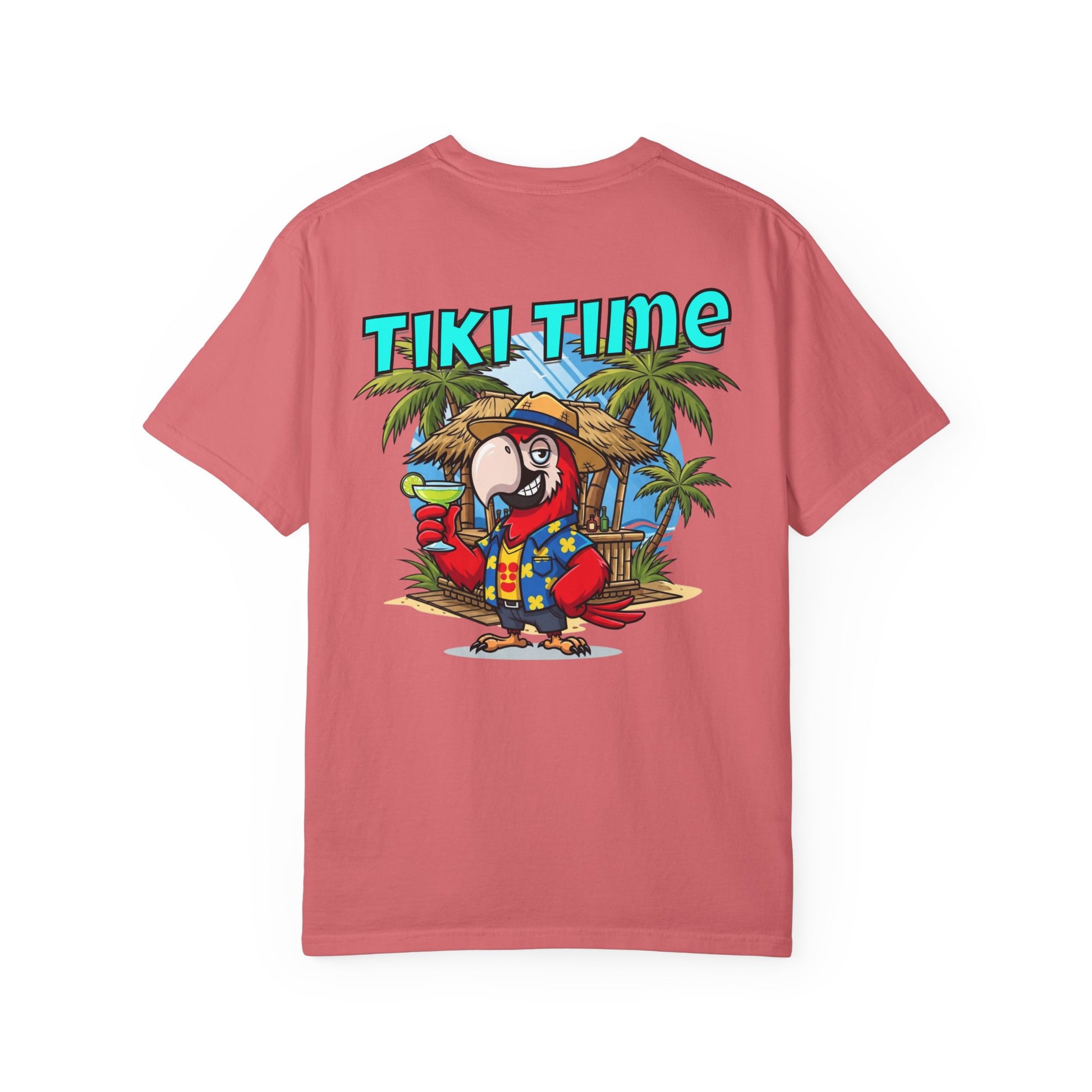 Pink t-shirt with a tropical graphic and 'Tiki Time' text on a white background