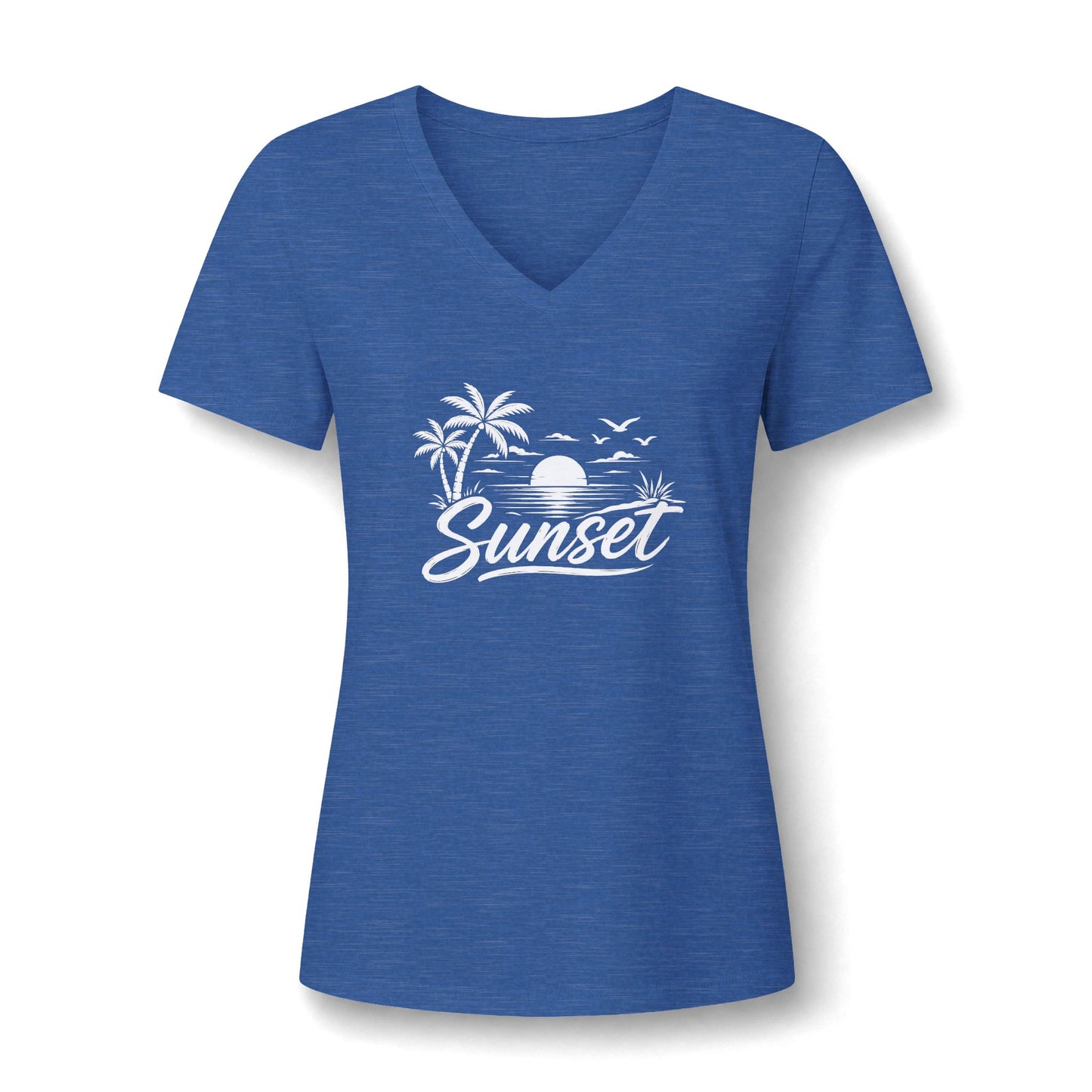 Sunset Palm V-Neck Tee – Women’s Beach Sunset Graphic Shirt